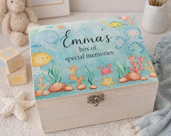Personalised Wooden Ocean Keepsake Box, Under the Sea Memory Box, Baby Gift