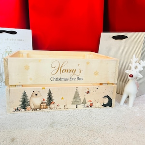 Caja de Nochebuena Woodland, caja para la primera Navidad, recuerdo de tradición familiar, cesta de la víspera de Navidad para niños, bebés, niños pequeños, regalo familiar