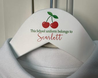 Personalised school uniform hanger, cherries, starting school, coat hanger, keepsake, first day of school, pre-school, nursery, kindergarden
