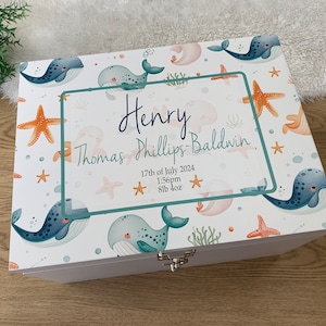 Caja de recuerdo de lujo personalizada con forma de océano, regalo para bebé recién nacido, baby shower, recién nacido, niño pequeño, cumpleaños de niño, bautizo, ballena