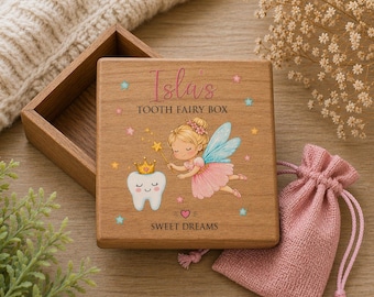 Personalised Tooth Fairy Box, Wooden Tooth Keepsake Box, Custom Kids Tooth, Baby Tooth Holder, Tooth Fairy Gift, Childrens Memory Box Oak