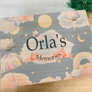 Personalised wooden keepsake box, memory, baby shower gift, newbornx, baby gift, child gift, christening, rainbow, clouds, weather