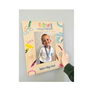 First day of school personalised solid oak photo frame, starting nursery, pre-school, school starter gift, Son, Daughter, girl, boy, pencils