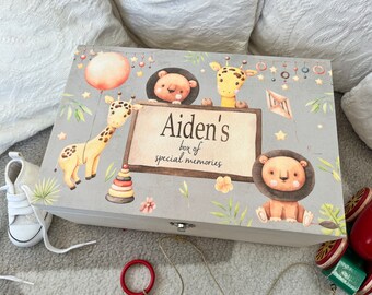Personalised wooden keepsake box, memory, safari, animals, baby, gift, child, toddler, newborn, pregnant, new mum christening, birthday, kid