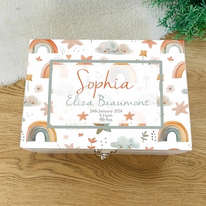 Caja de recuerdos de arcoíris personalizada de lujo, caja de recuerdos, regalo para bebé recién nacido, baby shower, recién nacido, cumpleaños de niño, bautizo, nubes