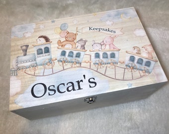 Personalised wooden keepsake box, memory, gift, children, baby, christening, trains, animals, Christening, birthday, newborn, her, him, Xmas