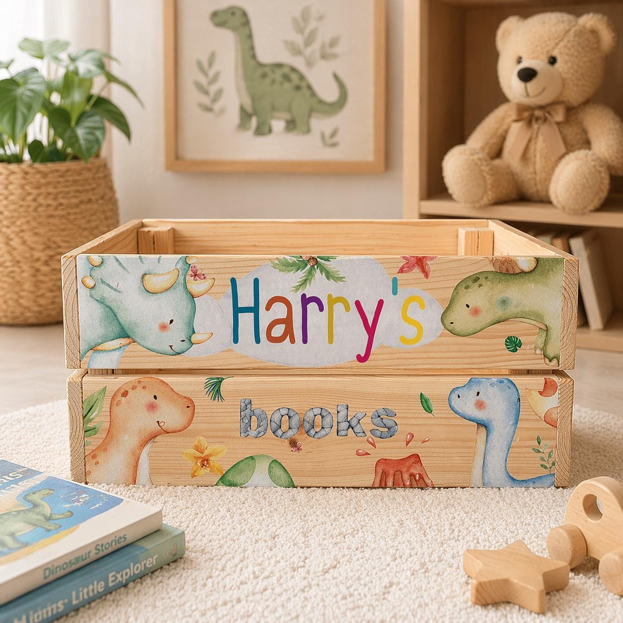 Personalised Dinosaur Wooden Crate, Kids Toy Storage, Baby
