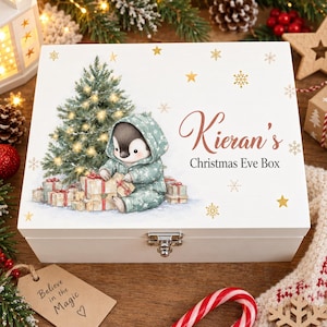 Caja de Nochebuena con diseño de pingüino, recuerdo de tradición navideña, cesta para la víspera de Navidad para niños, bebés, niños pequeños, regalo familiar, primera Navidad