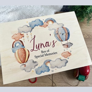 Personalised wooden keepsake box, memory, hot air balloon, baby shower, gift, christening, birthday, new mum, pregnant, newborn, toddler