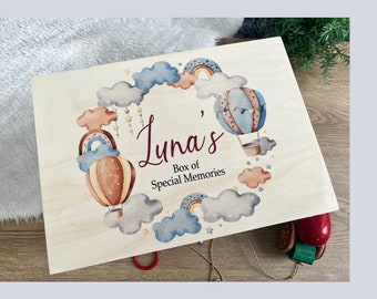 Personalised wooden keepsake box, memory, hot air balloon, baby shower, gift, christening, birthday, new mum, pregnant, newborn, toddler