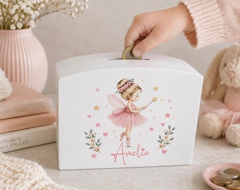 Personalised Girls Money Box, Fairy Ballerina Piggy Bank, Custom Child Savings Box, Named Coin Bank, Kids Bedroom Decor, Baby Girl Gift