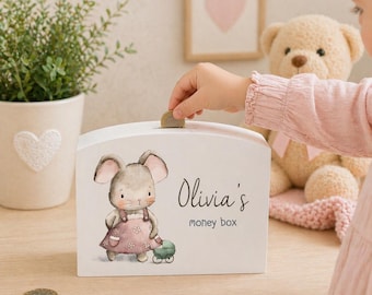 Personalised kids money box, money pot, piggy bank, toddler gift, holiday savings, birthday, boy, girls, Mouse, Bear Christening, baby
