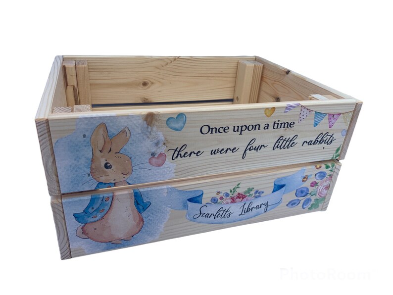 Personalised book box, book crate, rabbit, new baby gift, kids gift, christening gift, baby keepsake, child's birthday, bunny, kids present image 7