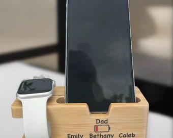 Personalised solid bamboo phone and watch stand | phone charger | charging dock for Iphone and apple watch | phone charger | Father's Day