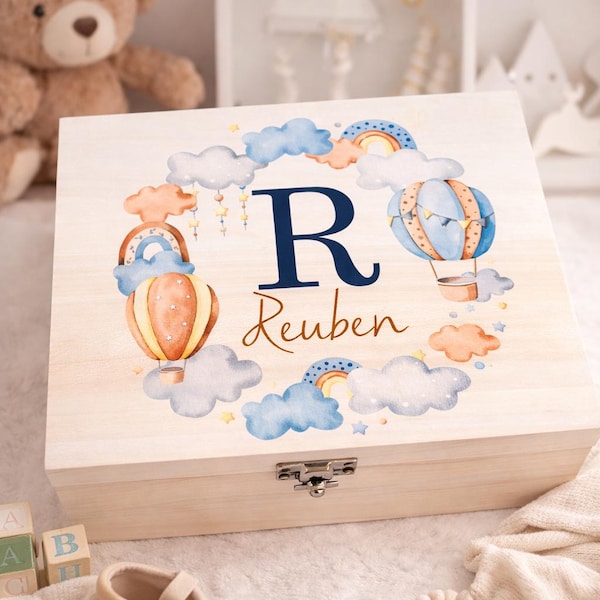 Personalised Wooden Keepsake Box, Hot Air Balloon Baby Shower Gift