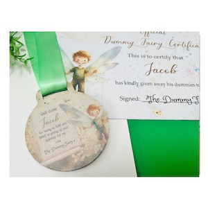 Dummy fairy medal plus certificate, children&#39;s gift, pacifier fairy, giving up the dummy, well done medal, personalised medal, baby, toddler