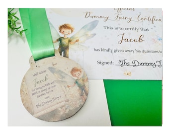 Dummy fairy medal plus certificate, children's gift, pacifier fairy, giving up the dummy, well done medal, personalised medal, baby, toddler