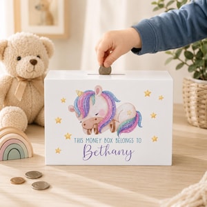 Personalised kids money box, money pot, piggy bank, toddler gift, holiday savings, birthday, boy, girls, unicorn, Christening, new baby