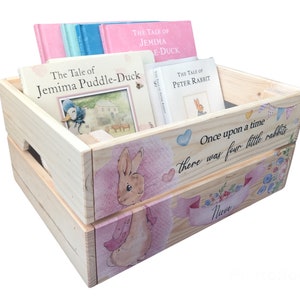 Personalised book box, book crate, rabbit, new baby gift, kids gift, christening gift, baby keepsake, child's birthday, bunny, kids present image 5
