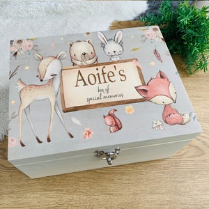 Personalised wooden keepsake box, memory, woodland, animals, baby box, wooden box, baby gift, child gift, christening, birthday, new baby