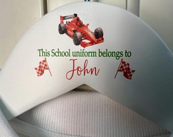 Personalised school uniform hanger, race car, starting school, coat hanger, keepsake, first day of school, pre-school, nursery, kindergarden