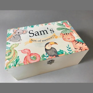 Personalised safari jungle keepsake box, memory, new baby gift, toddler, girl, boy present, christening, animal, tiger, lion, birthday