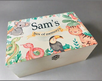 Personalised safari jungle keepsake box, memory, new baby gift, toddler, girl, boy present, christening, animal, tiger, lion, birthday