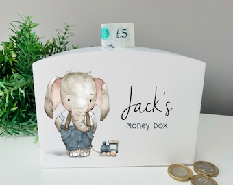 Personalised kids money box, money pot, piggy bank, toddler gift, holiday savings, birthday, boy, girls, Elephant, Bear, Christening, baby