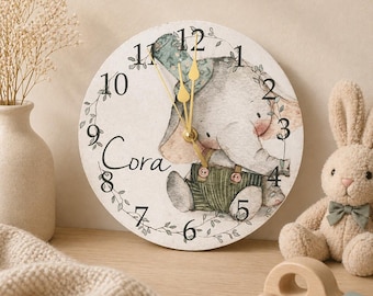 Vintage Elephant clock, Personalised gift, child bedroom, new baby, nursery, baby shower, Mum, newborn, 1st birthday, toddler, Christening