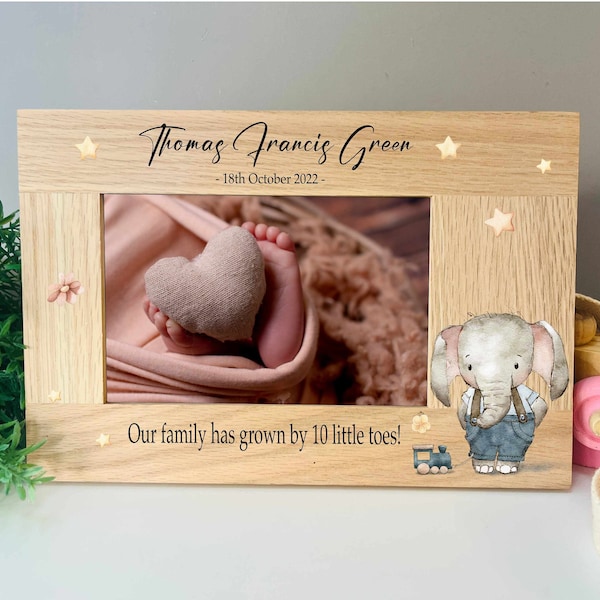 Solid oak new baby photo frame, newborn gift, new arrival present, Christening, parents, birth picture, keepsake, baby announcement, bear