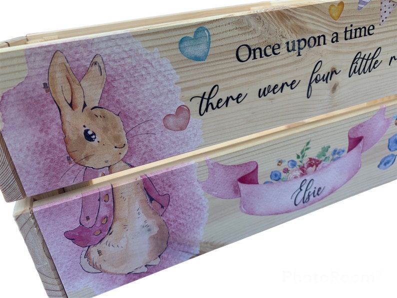 Personalised book box, book crate, rabbit, new baby gift, kids gift, christening gift, baby keepsake, child's birthday, bunny, kids present Pink Rabbit