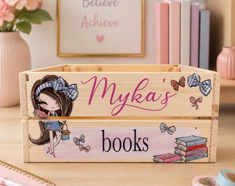 Personalised wooden book crate, homework crate, keepsake crate, girl gift, kids gift, book storage, gift for her, teenager girl gift, girls