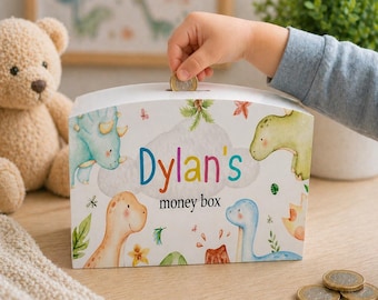 Personalised kids money box, money bank, holiday gift, older child gift, kids birthday, teenager gift, boys gift, girls gift, dinosaurs