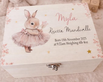 Personalised Ballerina Bunny memory box, keepsake, rabbit, new baby, child gift, birthday, baby shower, toddler, treasure chest, dance