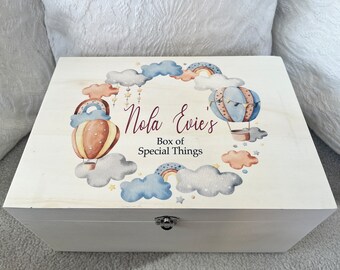 Personalised wooden keepsake box, memory, hot air balloon, baby shower, gift, christening, birthday, new mum, pregnant, newborn, toddler