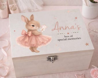 Personalised Ballerina Bunny Keepsake Box, Wooden Dance Memory Treasure Chest
