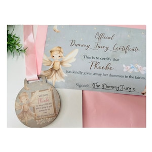 Dummy fairy medal plus certificate, children&#39;s gift, pacifier fairy, giving up the dummy, well done medal, personalised medal, baby, toddler