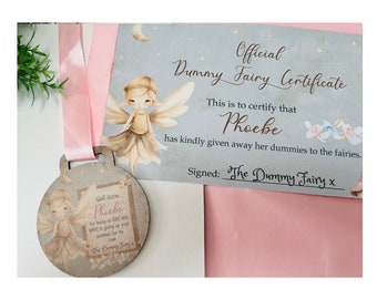 Dummy fairy medal plus certificate, children's gift, pacifier fairy, giving up the dummy, well done medal, personalised medal, baby, toddler