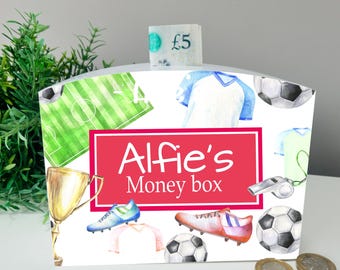 Fußball Thema Kinder-Spardose, Geldbank, Weihnachtsgeschenk, älteres Kind Geschenk, Kindergeburtstag, Teenager-Geschenk, Jungen-Geschenk, Mädchen-Geschenk, Regenbogen, Boho