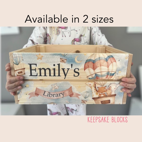 Personalised wooden book crate, toy crate, teddy crate, baby gift, kids gift, book storage, jungle, christening gift, new baby, animals