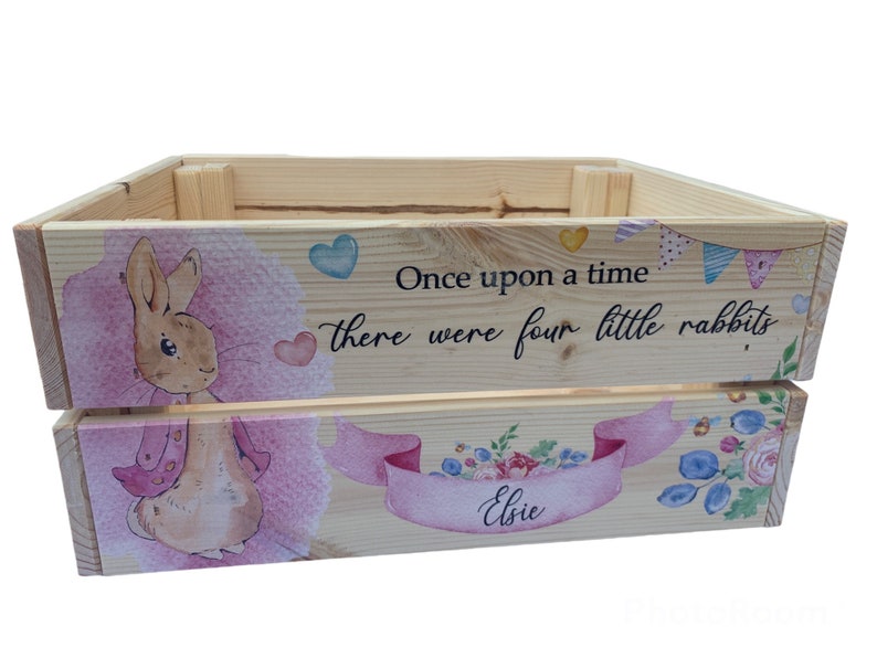 Personalised book box, book crate, rabbit, new baby gift, kids gift, christening gift, baby keepsake, child's birthday, bunny, kids present image 3