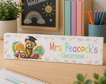 Personalised Teacher Thank You Block Sign,  End of Term Teacher Present, Custom Classroom Desk Decor, Nursery TA Teaching Assistant Gift