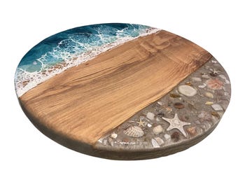 16" Ocean Resin Lazy Susan, Ash Wood Center, Shells, Sand, Rocks, Food Safe