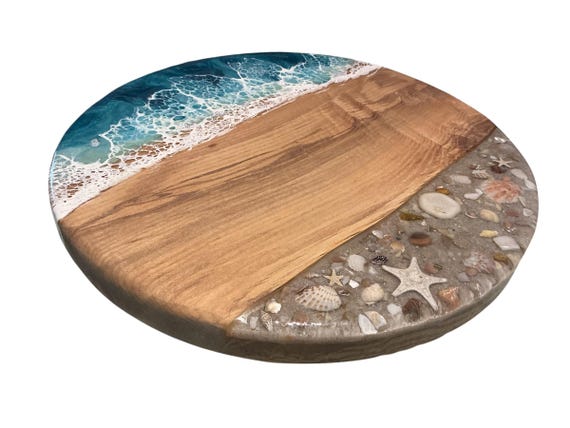 16" Ocean Resin Lazy Susan, Ash Wood Center, Shells, Sand, Rocks, Food Safe