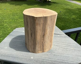 Puede incluir: Una pieza cilíndrica de madera natural de color marrón claro con una superficie superior plana que muestra anillos de crecimiento visibles y una grieta vertical a lo largo del exterior sin corteza, con un grano rugoso, texturizado y orgánico.