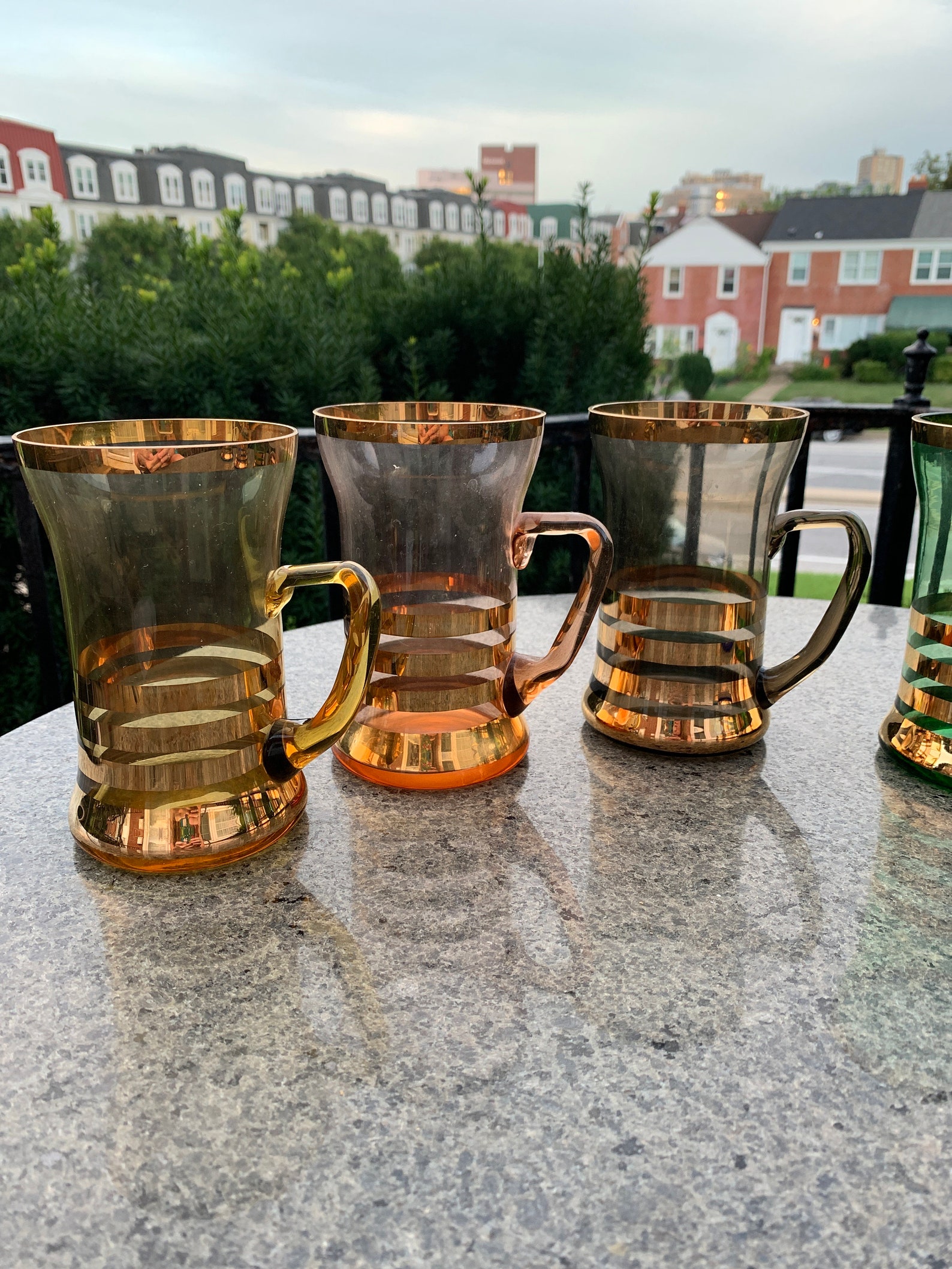 Vintage mid century colored glass mugs with gold stripes and Etsy
