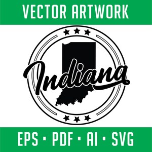 May include: Black and white illustration of the state of Indiana with the word "Indiana" in a stylised font. The illustration is surrounded by a circle with five stars at the top and bottom.