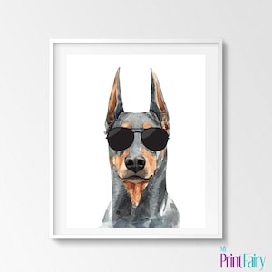 Watercolor Humor Doberman Pinscher Printable Wall Art, Dog Wall Art, Doberman Sunglasses Wall Art, Doberman Gift Idea, Doberman Print