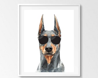 Watercolor Humor Doberman Pinscher Printable Wall Art, Dog Wall Art, Doberman Sunglasses Wall Art, Doberman Gift Idea, Doberman Print