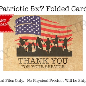 Printable Thank You for Your Service Patriotic 5x7 Folded Card.    Veteran&#39;s Day Thank You Card INSTANT DOWNLOAD.